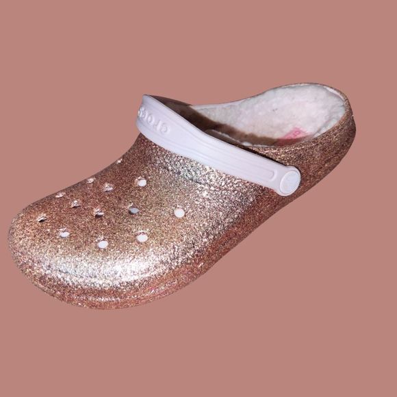 Crocs Big Girls Rose Glitter Fleece Lined Clogs Size J 6 - Picture 1 of 5